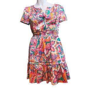 Nicole Miller Dress Womens S Pink Satin Floral Abstract Pocket Ruffle Resort